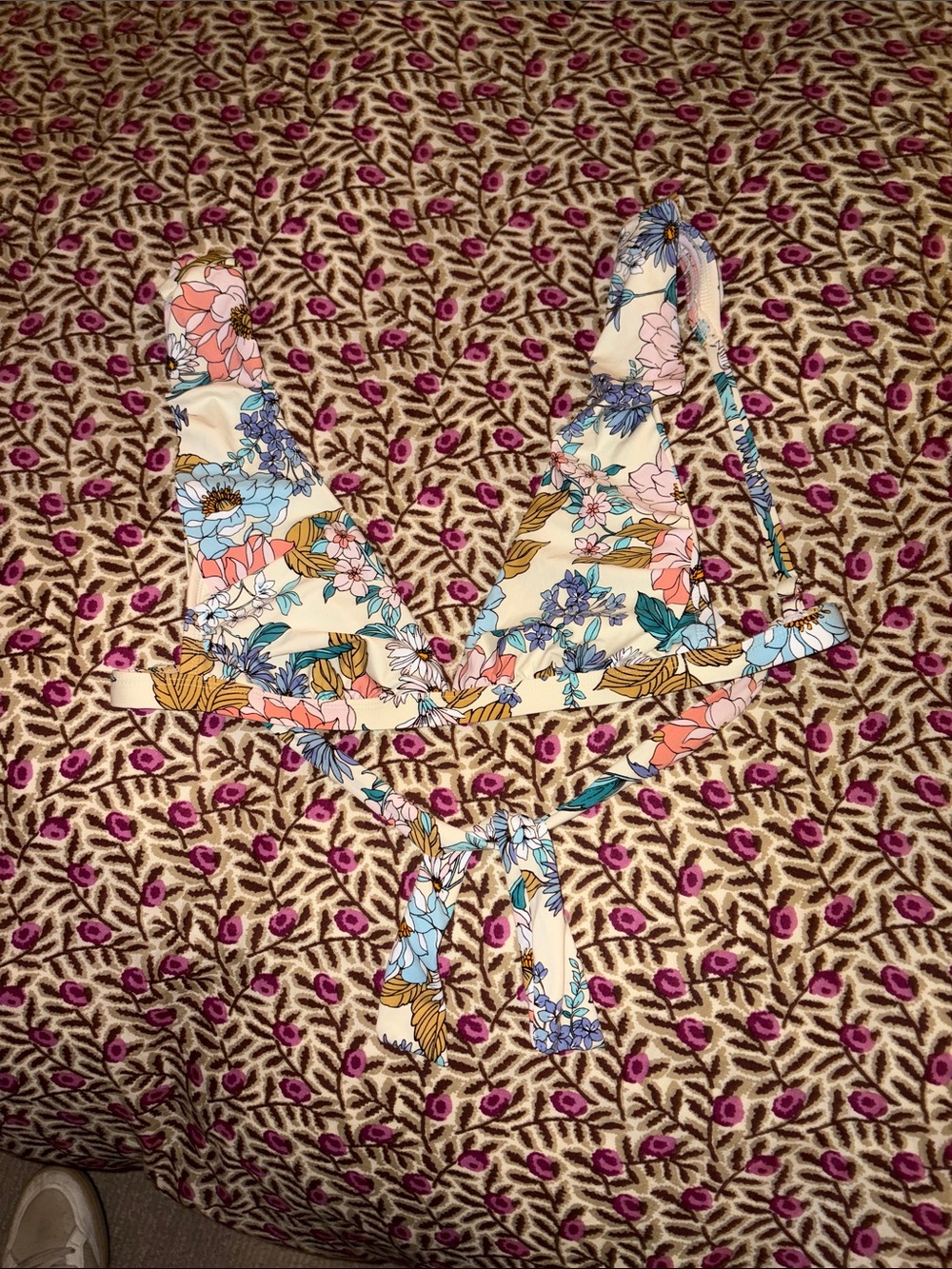 Kona Sol Cream Floral Triangle Bikini Top with Blue and Pink Accents
